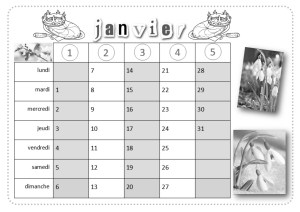 calendrier sous forme de tableau à double entrée, à lecture verticale