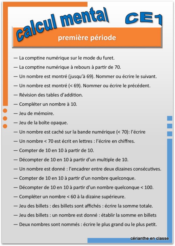 calcul mental ce1 progression par période 1