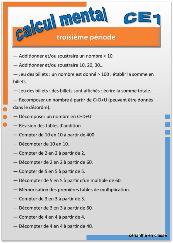 calcul mental ce1 progression par période 3