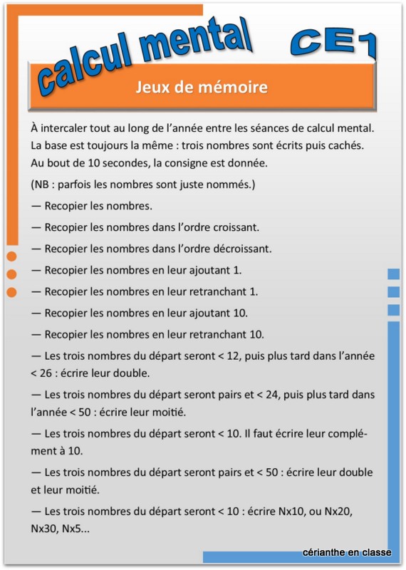 calcul mental ce1 progression par période 6