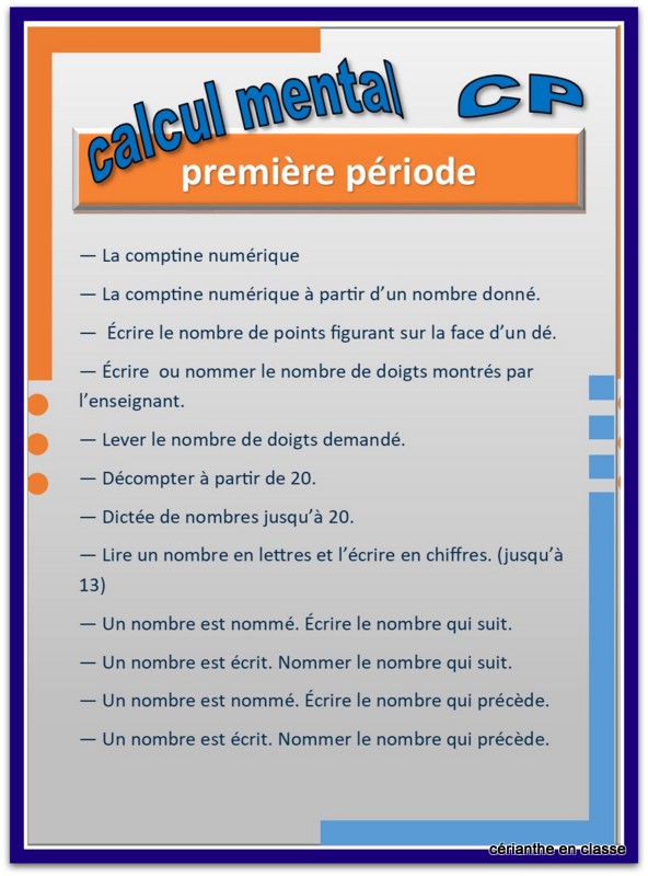 calcul mental cp progression par période 1 et 2