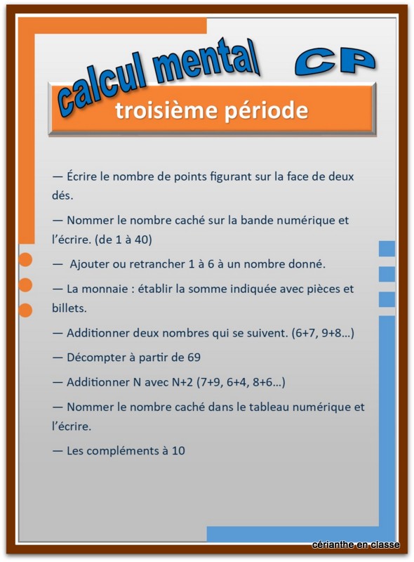 calcul mental cp progression par période 3