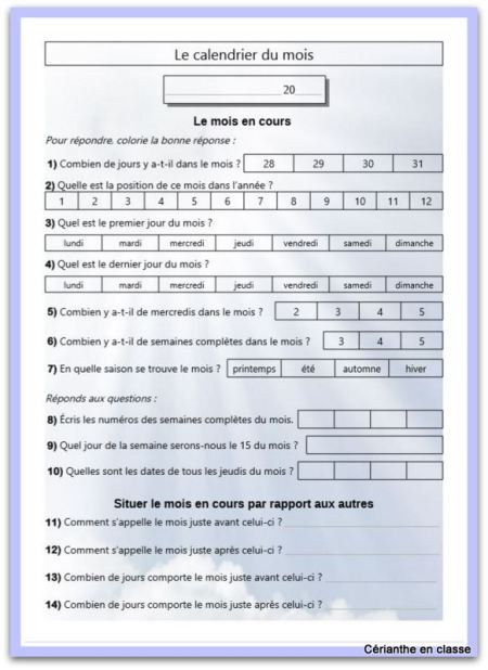 calendrier du mois 1