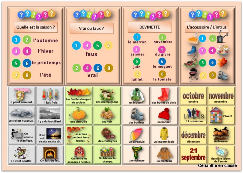 jeu de l'automne cartes réponses